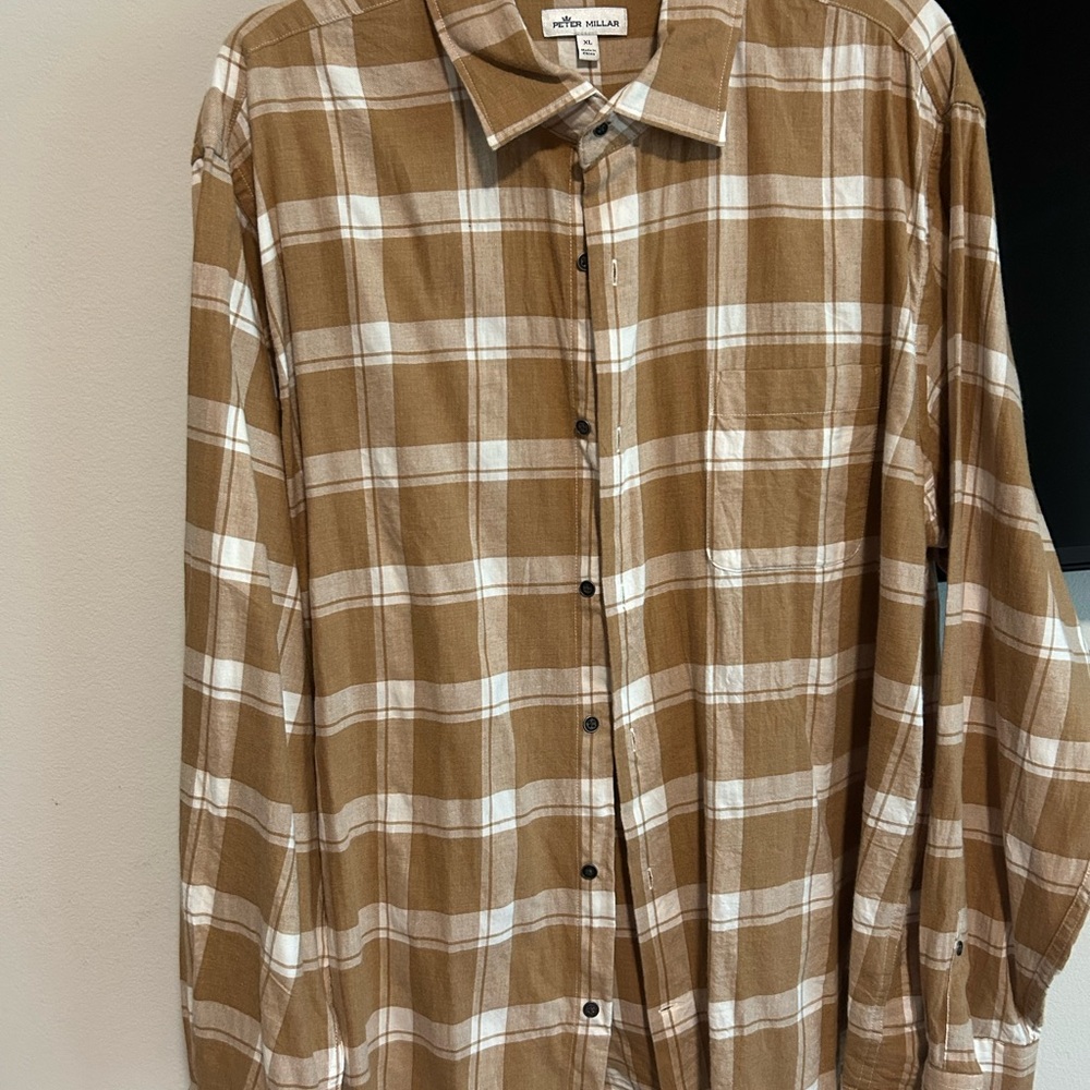 Peter Millar Tan and White Plaid Shirt
